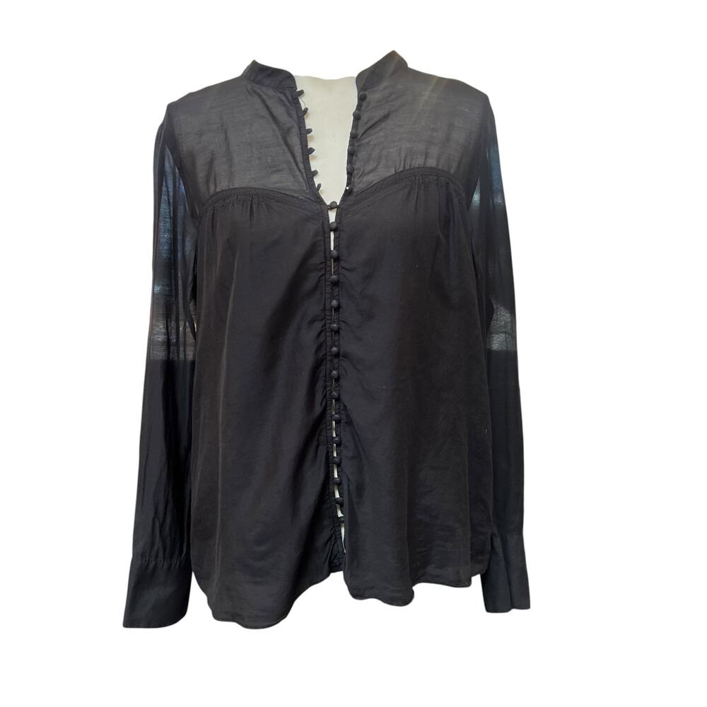 Free People Black Sheer Blouse Top Size L Button Front Long Sleeve Ruched